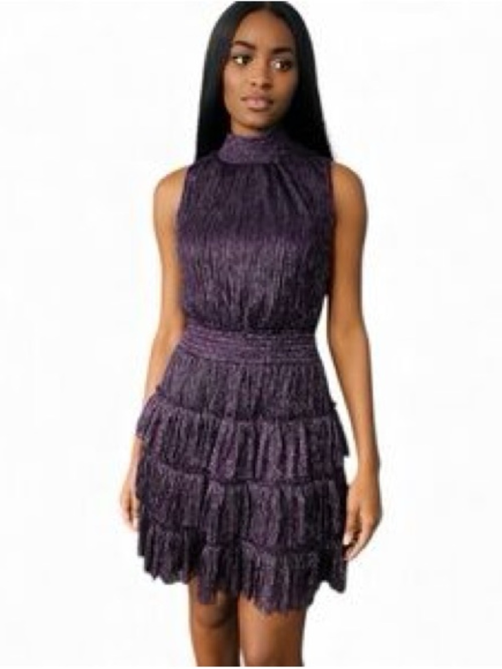 1. State Purple Tiered Fringe Mini Dress